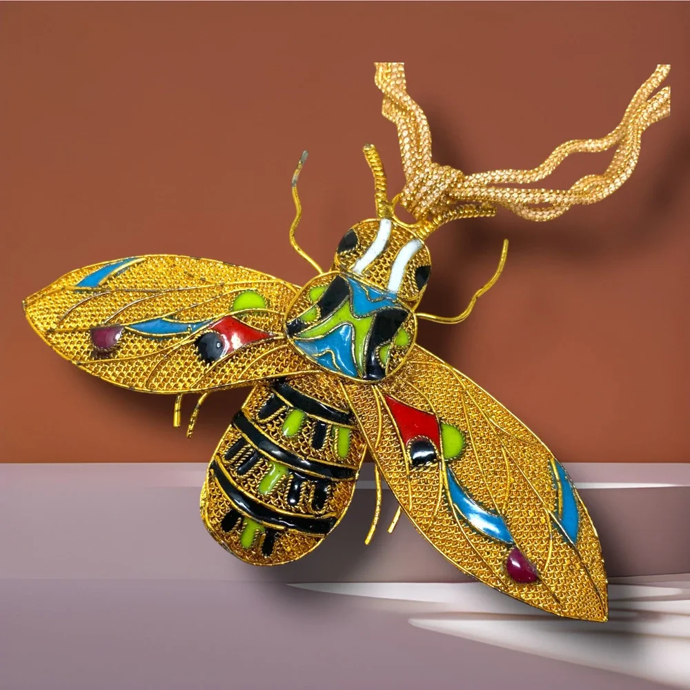 Vintage 1980's Kubla Enamel Crafts Moth Insect Gold Tone Mesh Cloisonne Necklace